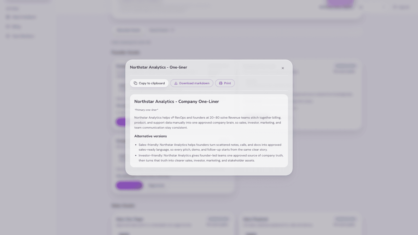 Generated company one-liner and sales assets in Assets